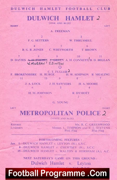 Dulwich Hamlet v Metropolitan Police 1948 – Met Police London