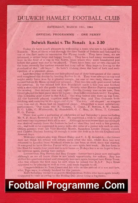 Dulwich Hamlet v The Nomads 1945 – Single Sheet – 10 Nil
