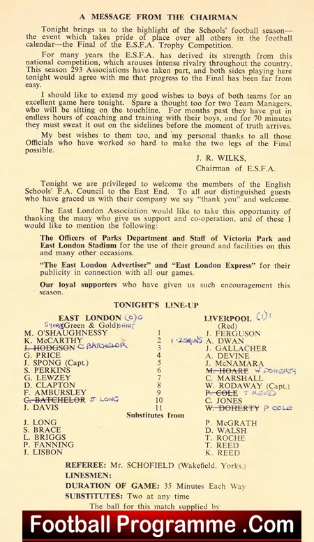East London Boys v Liverpool Boys 1970 – Schoolboys Final