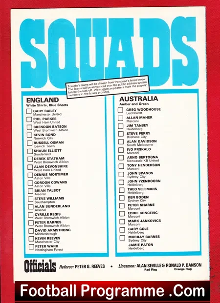 England v Australia 1980 – B International Birmingham City