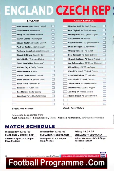 England v Czechoslovakia 2003 – Scotland Slovakia U17 Under 17’s