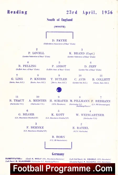 England v Germany 1956 – Youth Game at Swansea – Villa + Reading