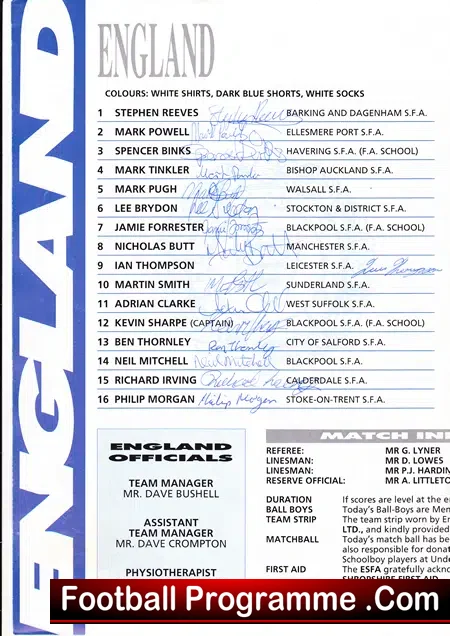 England v Holland 1990 – Schoolboys Full Squad Multi Autographs