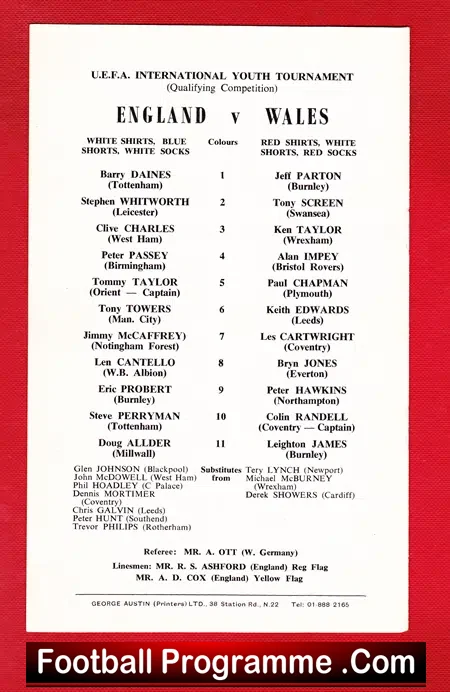 England v Wales 1970 – Youths Match at Orient