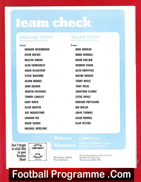 England v Wales 1976 – Youths Match at Manchester City
