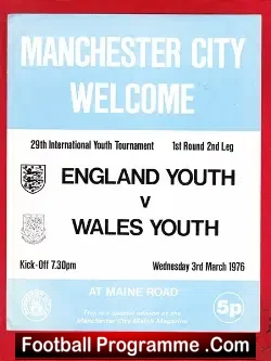 England v Wales 1976 - Youths Match at Manchester City - football programme