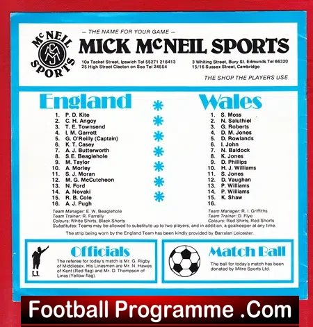 England v Wales 1979 – Schoolboys Match at Ipswich