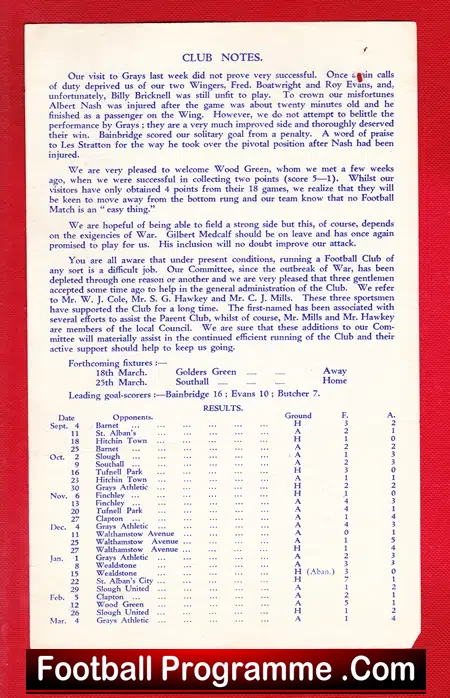 Leyton v Wood Green Town 1944 – Herts Middx – Rare Programme