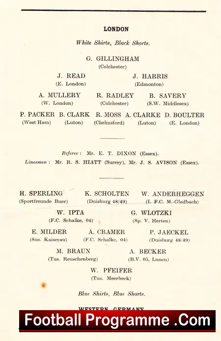 London Schoolboys v Germany 1957 – at The Valley Charlton