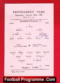 Merthyr Tydfil v Fforestfach 1955 – Single Sheet Penydarren Park