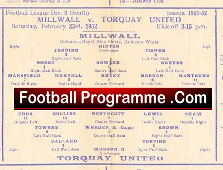 Millwall v Torquay United 1952