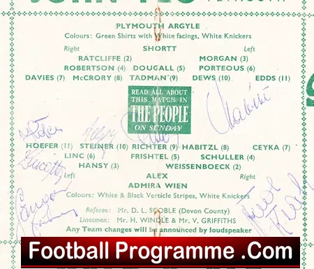 Plymouth Argyle v Admira Wien 1953 – Multi Autographed Signed