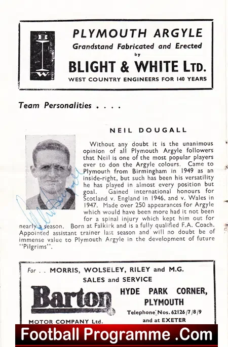 Plymouth Argyle v Burnley 1959 – Signed Neil Dougall