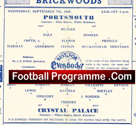 Portsmouth v Crystal Palace 1938 – Rare 1930s Programme