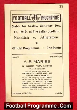Redditch United v Atherstone 1949 - football programme