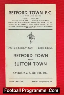 Retford Town v Sutton Town 1964 - Notts Senior Cup Semi Final - football programme