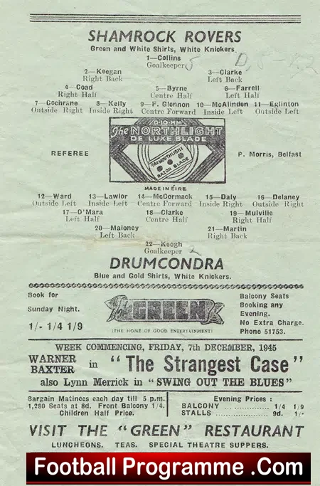 Shamrock Rovers v Drumcondra 1945 – Ireland Irish