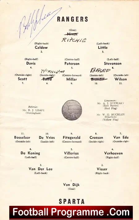 Sparta AC v Glasgow Rangers 1960 - EC Replay Arsenal - Signed