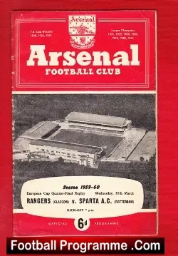 Sparta AC v Glasgow Rangers 1960 - EC Replay Arsenal - Signed - football programme