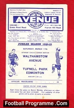 Walthamstow Avenue v Tufnell Park 1951 - Edmonton - football programme