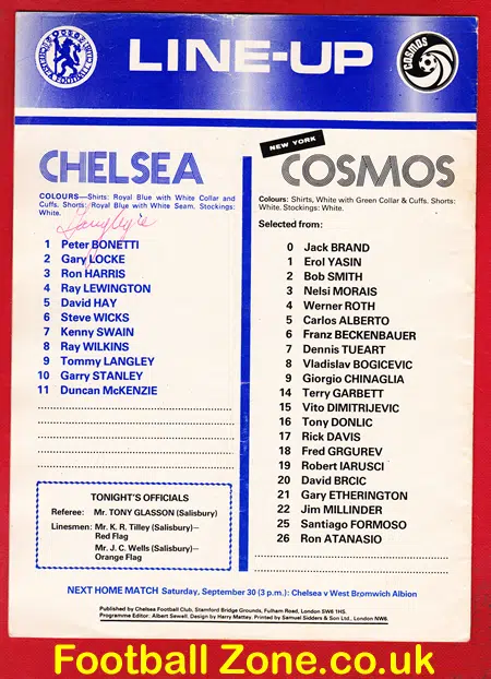 Chelsea v New York Cosmos 1978 – Signed Tommy Langley
