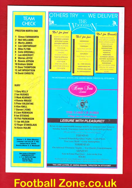 Preston North End v Bury 1992 – Tom Finney + Farnworth + Ticket