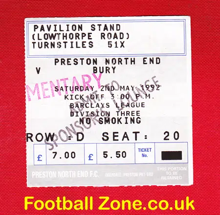Preston North End v Bury 1992 - Tom Finney + Farnworth + Ticket