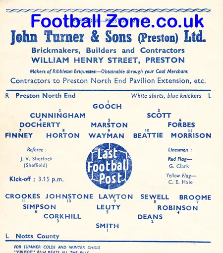 Preston North End v Notts County 1951 – Autographed Signed