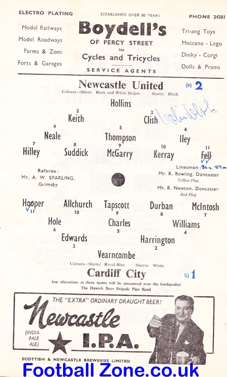 Newcastle United v Cardiff City 1962 - Signed by Colin Clish