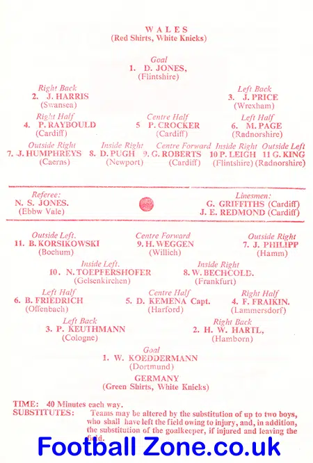 Wales v Germany 1962 – Schools Match at Ninian Park Cardiff