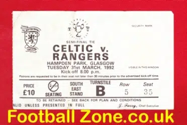 Glasgow Celtic v Glasgow Rangers 1992 - Football Ticket