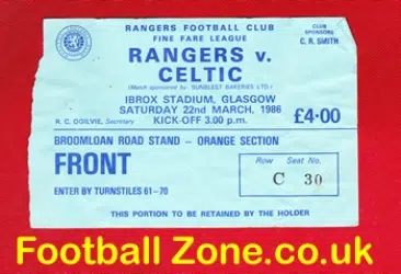 Glasgow Rangers v Glasgow Celtic 1986 - Football Ticket