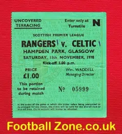 Glasgow Rangers v Glasgow Celtic 1978 - Football Ticket