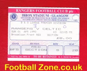 Glasgow Rangers v Glasgow Celtic 1990 - Football Ticket