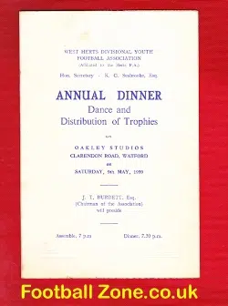 West Herts Youth Football Association Annual Dinner Menu 1959
