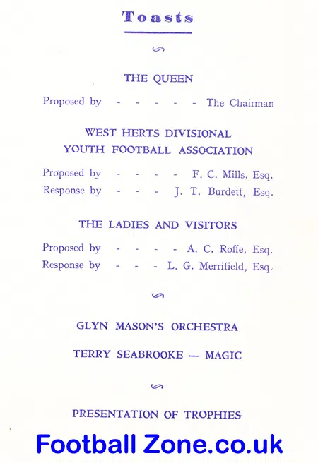 West Herts Youth Football Association Annual Dinner Menu 1959