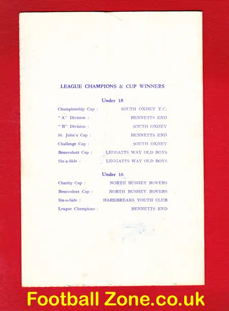 West Herts Youth Football Association Annual Dinner Menu 1959