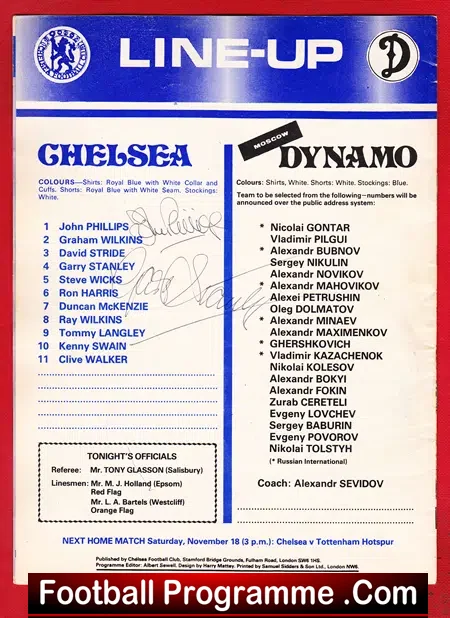 Chelsea v Dynamo Moscow 1978 - Signed Phillips - Stanley