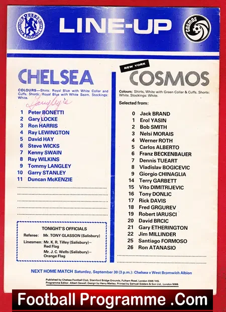 Chelsea v New York Cosmos 1978 - Signed Tommy Langley