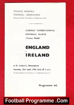 England v Ireland 1966 - School Boys at St Andrews Birmingham - football programme