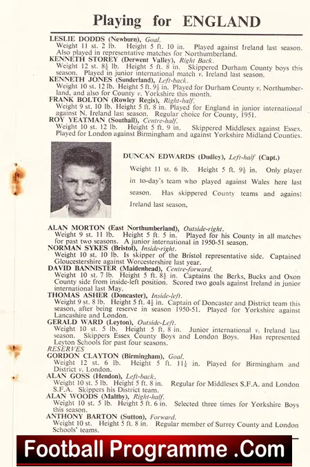 England v Scotland 1952 – School Boys Duncan Edwards Played