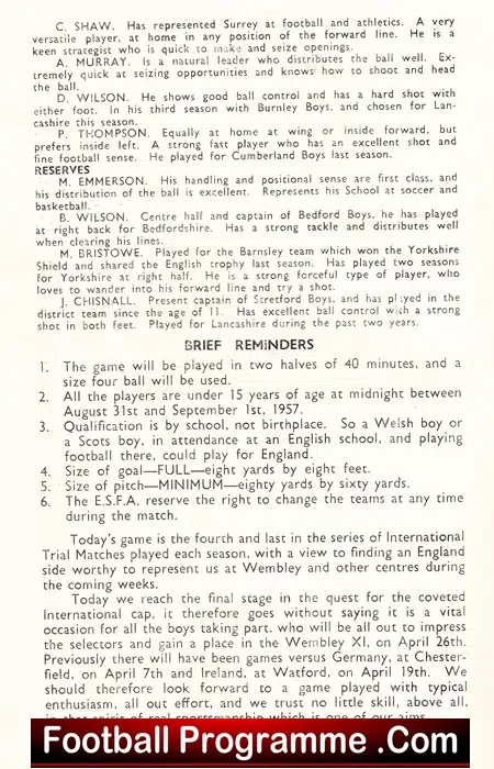 England v The Rest 1958 – Schools at Bolton inc Terry Venables