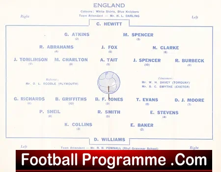 England v Wales 1952 – Youth International at Plymouth