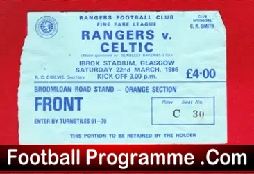 Glasgow Rangers v Glasgow Celtic 1986 – Football Ticket