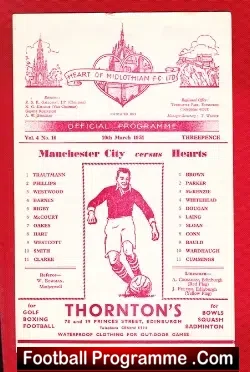 Heart Of Midlothian v Manchester City 1951 - Friendly Match - football programme