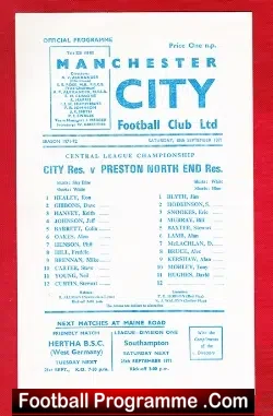 Manchester City v Preston 1971 - Reserves Match - football programme