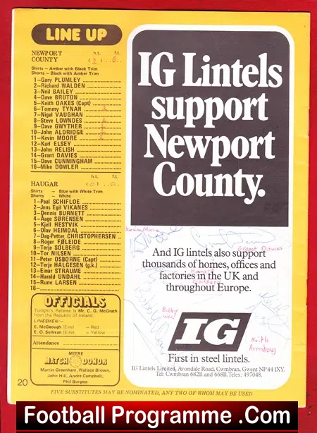Newport County v Haugar 1980 – Multi Autographed Signed