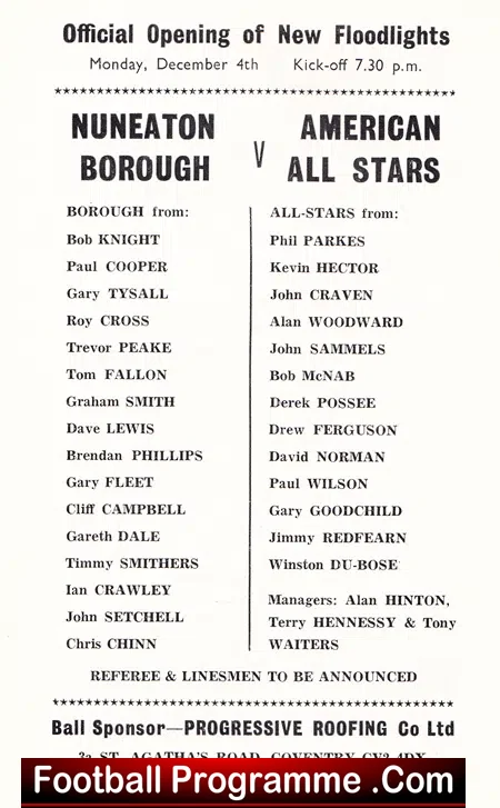 Nuneaton Borough v American All Stars 1965 – Opening Floodlights