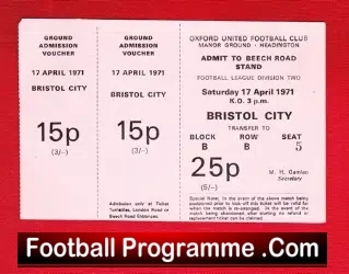 Oxford United v Bristol City 1971 – Full Football Ticket