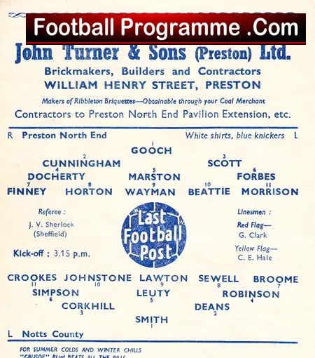 Preston North End v Notts County 1951 – Autographed Signed